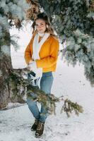 adolescente Loiras dentro uma amarelo suéter lado de fora dentro inverno. uma Adolescência menina em uma andar dentro inverno roupas dentro uma Nevado floresta foto