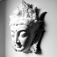 uma branco parede escultura do uma face com gautama Buda cabeça Como mural para casa decoração etc. ai gerado. foto