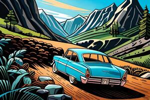 velho carro azul cor dentro uma campo com montanha visualizar. quadrinho estilo generativo ai foto