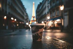 café em qualquer lugar, uma papel copo do café em a mesa dentro Paris. generativo ai foto