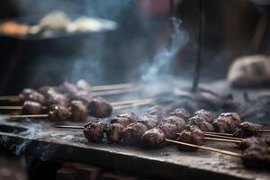 espetado carne churrasco grelhado no carvão Kebab ao ar livre espeto cozinhando kofta terra carne espetos. ai gerado foto