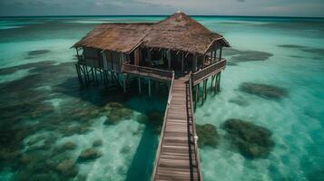 água villa dentro raso mar, Beira-Mar bangalôs, generativo ai foto