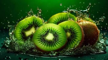 inventivo orquestrar fez a partir de cortar do kiwi e água aspersão em uma verde Fundação. criativo recurso, ai gerado foto