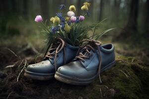 generativo ai, velho bota com Prado Primavera flores, feito à mão sapato plantador. de Meio Ambiente ativismo conceito foto