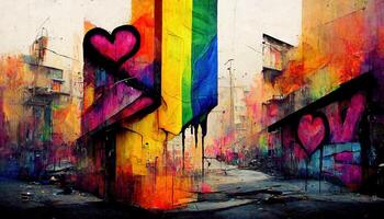 generativo ai, arco Iris lgbt orgulho bandeira cores Como grafite em a parede, rua arte. tinta colorida grafite arte em uma texturizado papel vintage fundo foto