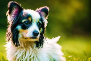 papillon cachorro. retrato do uma lindo papillon cachorro jogando dentro a parque. generativo ai foto