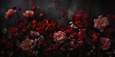 generativo ai, fechar acima do florescendo canteiros de flores do surpreendente vermelho cor flores em Sombrio temperamental floral texturizado fundo. fotorrealista efeito.. foto