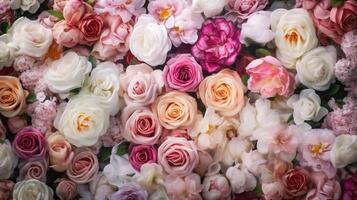 generativo ai, flores parede fundo com branco e luz Rosa fresco rosas, pastel e suave ramalhete floral cartão foto