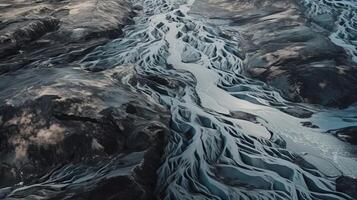 uma frio conduta a partir de sobre. etéreo foto do a corrente córregos a partir de islandês gelado massas. ai gerado