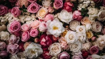 generativo ai, flores parede fundo com branco e luz Rosa fresco rosas, pastel e suave ramalhete floral cartão foto