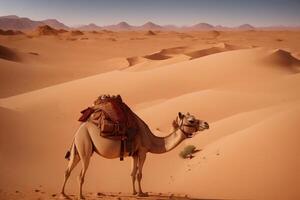 camelo dentro a deserto. África. seletivo foco. animal dentro natureza. animais selvagens cena. generativo ai foto
