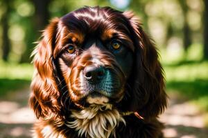 retrato do uma lindo cachorro procriar americano Cocker spaniel. uma lindo descuidado rei Charles spaniel cachorro dentro a parque. generativo ai foto