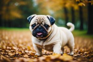 fofa de raça pura pug cachorro. retrato do uma lindo pug cachorro jogando dentro a parque. generativo ai foto