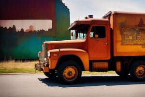 uma colorida caminhão. uma colorida pintura do uma caminhão com uma arco-íris. colori reboque. aguarela pintar. digital arte, generativo ai foto