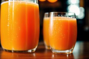 recentemente espremido laranja suco dentro uma vidro em de madeira mesa, fechar-se. saudável Comida conceito. generativo ai foto