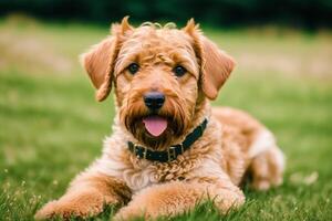 retrato do uma lindo airedale terrier cachorro dentro a parque. generativo ai foto