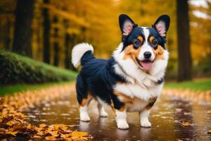 retrato do uma fofa casaco galês corgi cachorro em pé dentro a parque. generativo ai foto