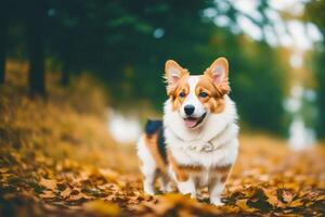 retrato do uma fofa casaco galês corgi cachorro em pé dentro a parque. generativo ai foto