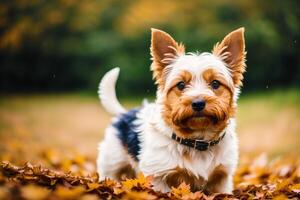 retrato do uma fofa yorkshire terrier cachorro dentro a parque. generativo ai foto