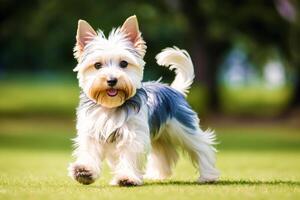 fofa de raça pura australiano sedoso terrier. retrato do uma lindo australiano sedoso terrier cachorro jogando dentro a parque. generativo ai foto