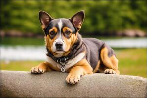 retrato do uma de raça pura cachorro sentado em a Relva dentro a parque. generativo ai foto