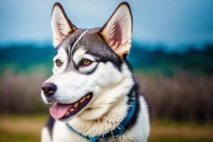 retrato do uma lindo alaskan rouco cachorro dentro a parque. siberian rouco cachorro com azul olhos dentro inverno floresta. generativo ai foto