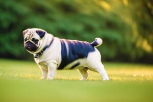 fofa de raça pura pug cachorro. retrato do uma lindo pug cachorro jogando dentro a parque. generativo ai foto