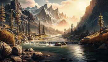 rochoso montanhas com uma rio fluindo através e luz solar brilhando criada com generativo ai tecnologia. foto
