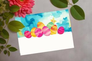 Páscoa cartão postal. colorida Páscoa ovos e aguarela tintas em uma de madeira fundo. aguarela pintar. digital arte, generativo ai foto