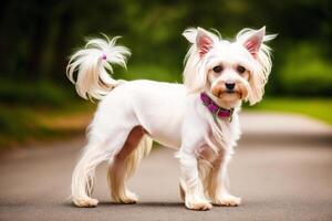 retrato do uma fofa oeste terras altas branco terrier cachorro em pé em a estrada dentro a parque. yorkshire terrier. generativo ai foto