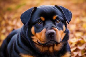 rottweiller. retrato do uma lindo rottweiler cachorro jogando dentro a parque. generativo ai foto