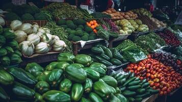 vários legumes dentro tradicional mercado. ai generativo foto