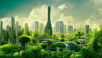 espetacular eco-futurista paisagem urbana cheio com vegetação, arranha-céus, parques, e de outros feito pelo homem verde espaços dentro urbano área. verde jardim dentro moderno cidade. foto