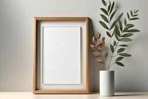 em branco cenário quadro, Armação brincar em parede dentro moderno interior. obra de arte modelo zombar acima dentro interior Projeto. de madeira cenário quadro, Armação brincar em branco parede minimalista - generativo ai foto