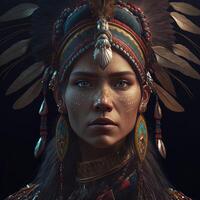 generativo ai nativo americano mulher dentro cerimonial cabeça vestir, reflexão do a silhueta do tribal ancestrais dentro dela olhos. fechar acima do colorida vestido nativo mulher isolado em Preto fundo. foto