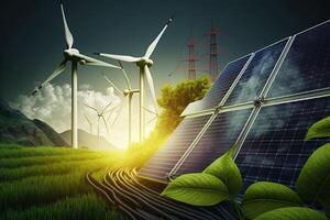 renovável energia fundo com verde energia Como vento turbinas e solar painéis. verde energia conceito energia fontes sustentável ecologia elementos generativo ai foto