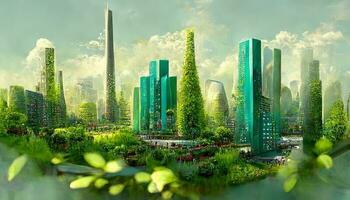 espetacular eco-futurista paisagem urbana cheio com vegetação, arranha-céus, parques, e de outros feito pelo homem verde espaços dentro urbano área. verde jardim dentro moderno cidade. foto