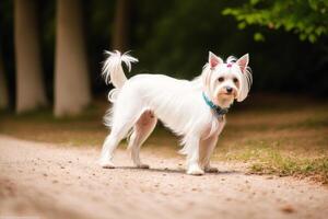 retrato do uma fofa oeste terras altas branco terrier cachorro em pé em a estrada dentro a parque. yorkshire terrier. generativo ai foto