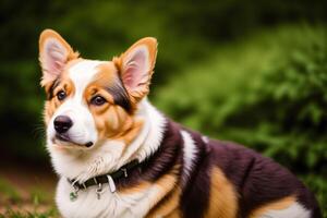 retrato do uma fofa casaco galês corgi cachorro em pé dentro a parque. generativo ai foto