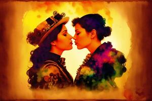 orgulho mês.an ilustração do dois mulheres beijando.lésbica casal gastos Tempo junto. lgbtq. generativo ai foto
