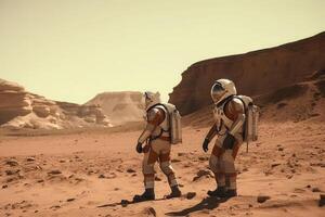 astronautas vestindo espaço ternos caminhando em vermelho planeta. generativo ai foto