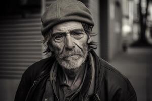 sem teto homem retrato. envelhecido barbudo cara. generativo ai foto