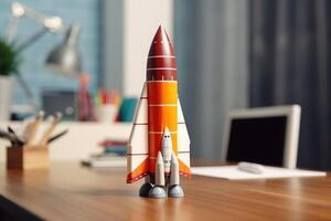 bem sucedido comece conceito. lançamento foguete em escritório mesa. generativo ai foto