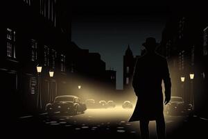 silhueta do homem dentro velho formado chapéu e casaco às noite rua. generativo ai foto