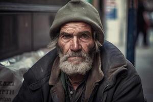 sem teto homem retrato. envelhecido barbudo cara. generativo ai foto