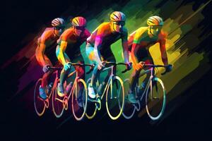 ciclistas equipe equitação em bicicletas, cor desenho. bicicleta raça bandeira. generativo ai foto