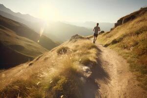 trilha corrida dentro montanha panorama. generativo ai foto