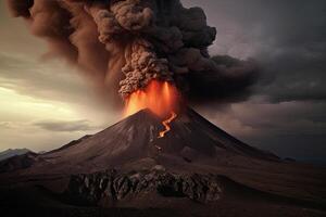 vulcão erupção. lava fluxos Fora do a vulcão cratera. generativo ai foto