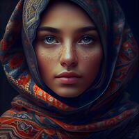 fechar-se retrato do uma lindo muçulmano mulher com hijab., ai generativo imagem foto