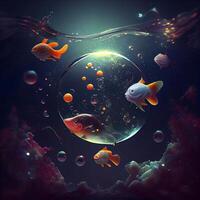fantasia embaixo da agua mundo com peixes e bolhas. 3d ilustração., ai generativo imagem foto